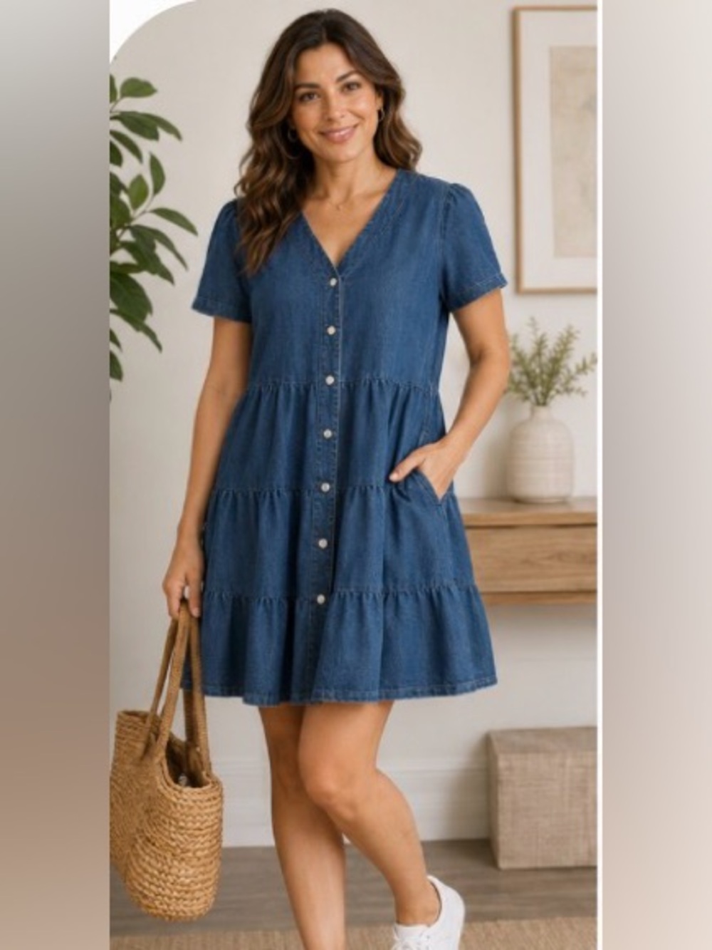 Violet Skies Denim Tiered Button Front Dress 100% Cotton Size Medium, EUC